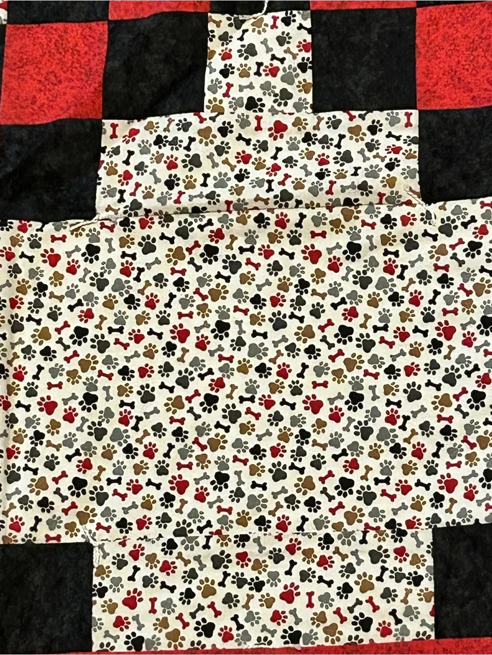 Handmade Red & Black Checkered Pieced Quilt - Floral Background